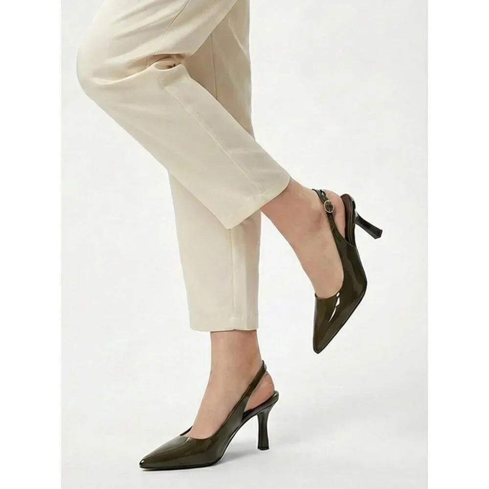 Women's Oil Green Pointed Toe High Heels Slingback Stiletto Ankle Strap Pumps